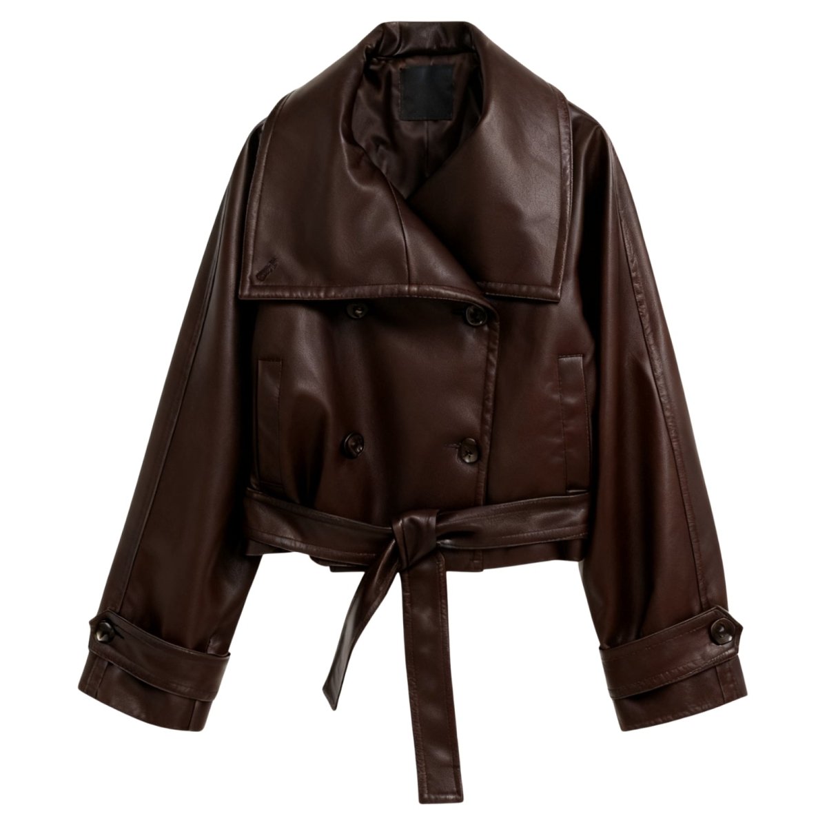 Model wearing Kouvr's Dark Brown cropped faux leather trench jacket with belted waist