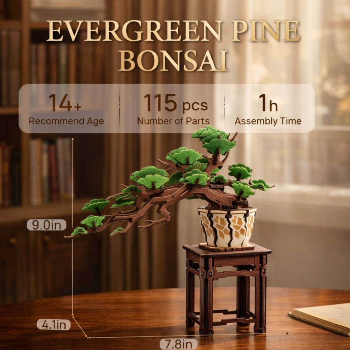 The assembled Kouvr pine bonsai 3D puzzle displayed as a nice bookshelf decor accent next to a row of vintage books.