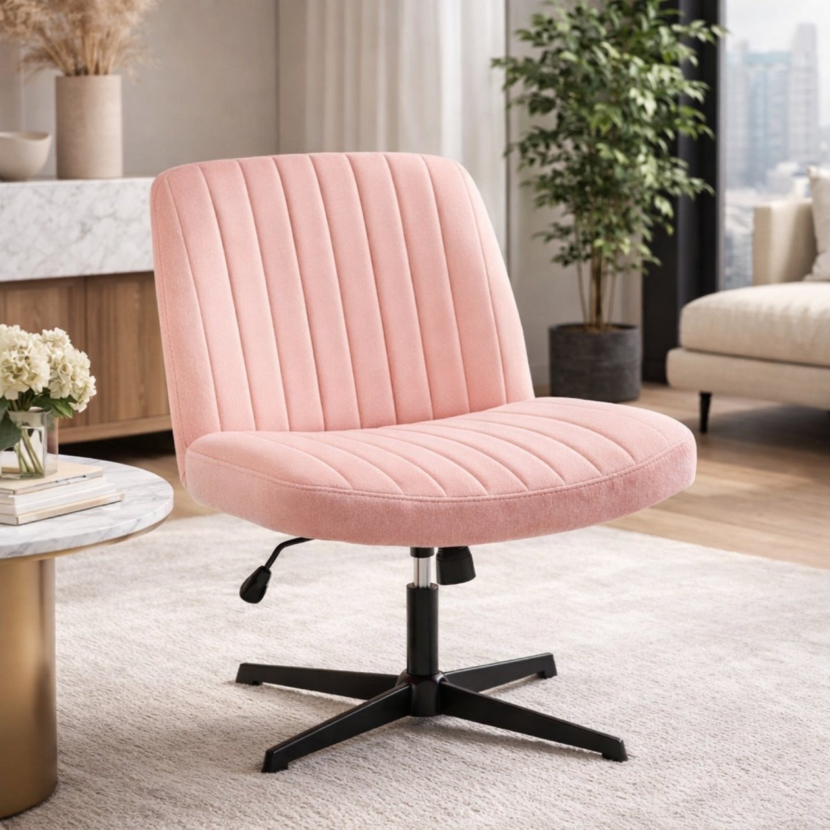 Blush pink velvet wide seat chair showing vertical stitching details and 360-degree swivel capability.
 
