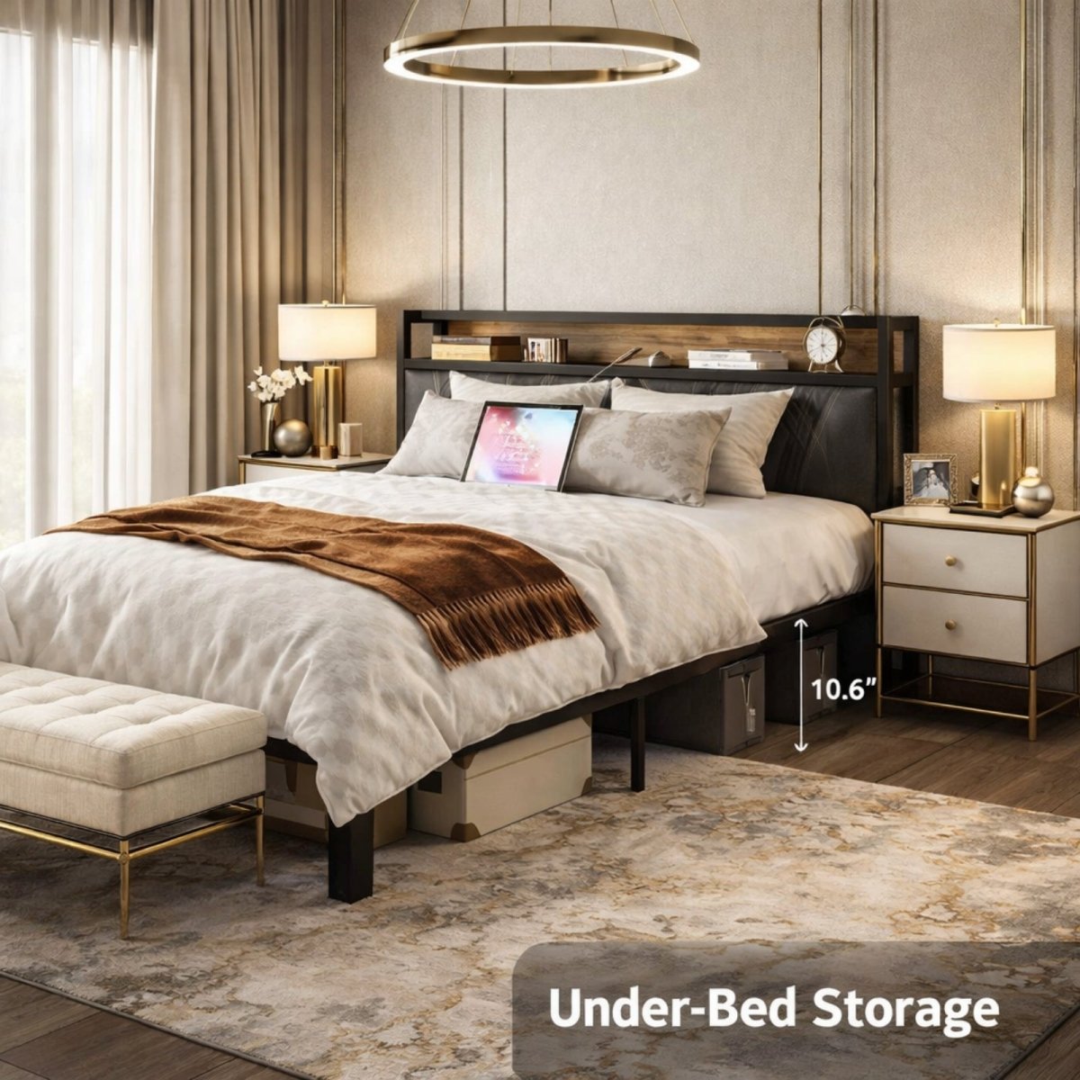 Side view of the Kouvr platform bed indicating 10.6 inches of clearance for under-bed storage boxes in a contemporary bedroom.