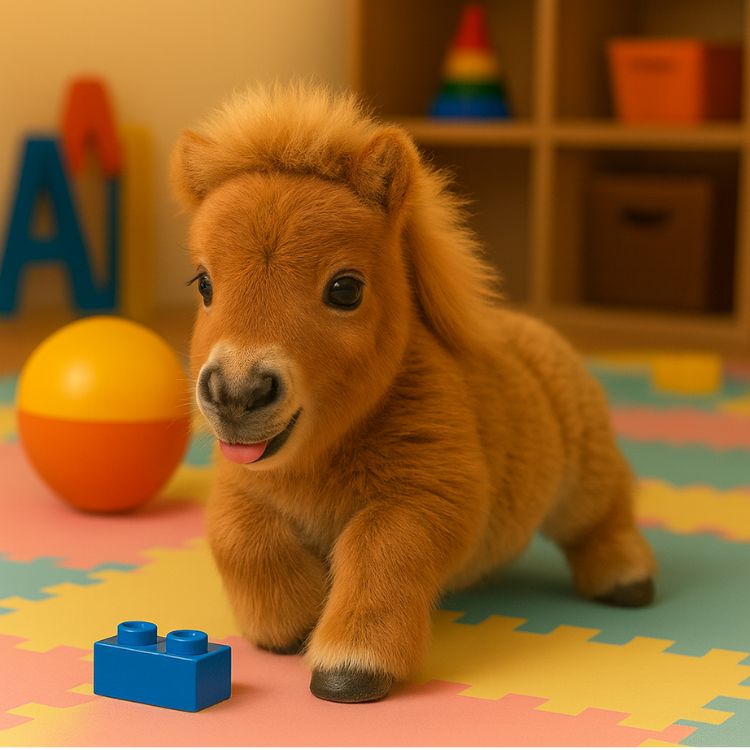 The small brown Kouvr robot pony walking on a colorful playmat in a child's playroom, with toy blocks and shelves in the background.