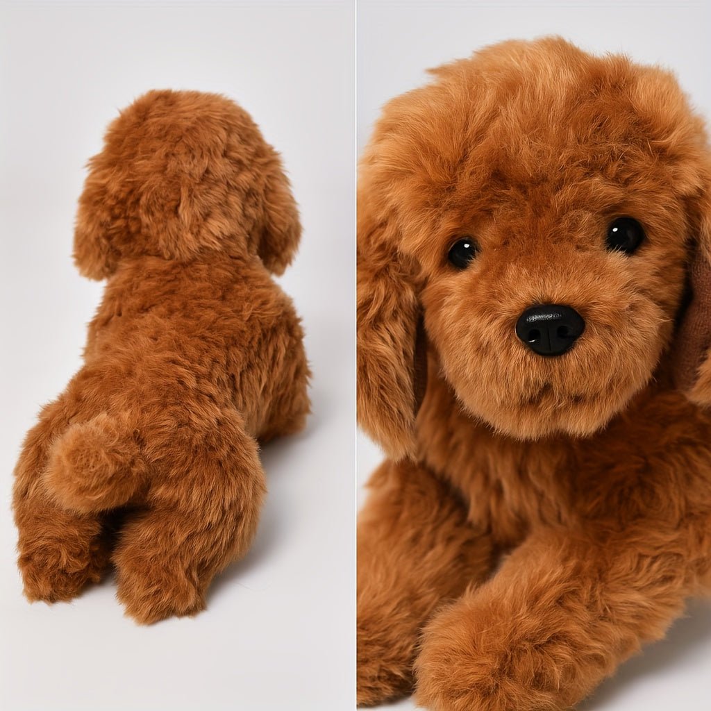 A split image showing the back view of a fluffy brown poodle stuffed animal on the left and a detailed close-up of its cute face on the right.