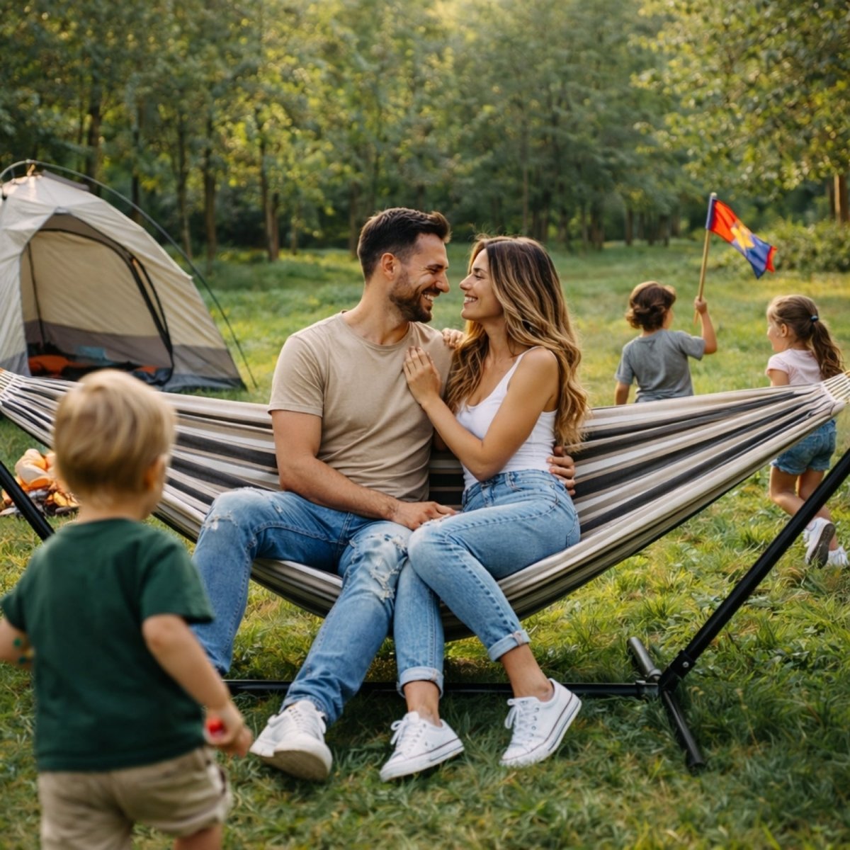 Product image detailing the features of the Kouvr portable hammock, including breathable cotton fabric, durable strings, and wide legs for stability, with full dimensions shown. 