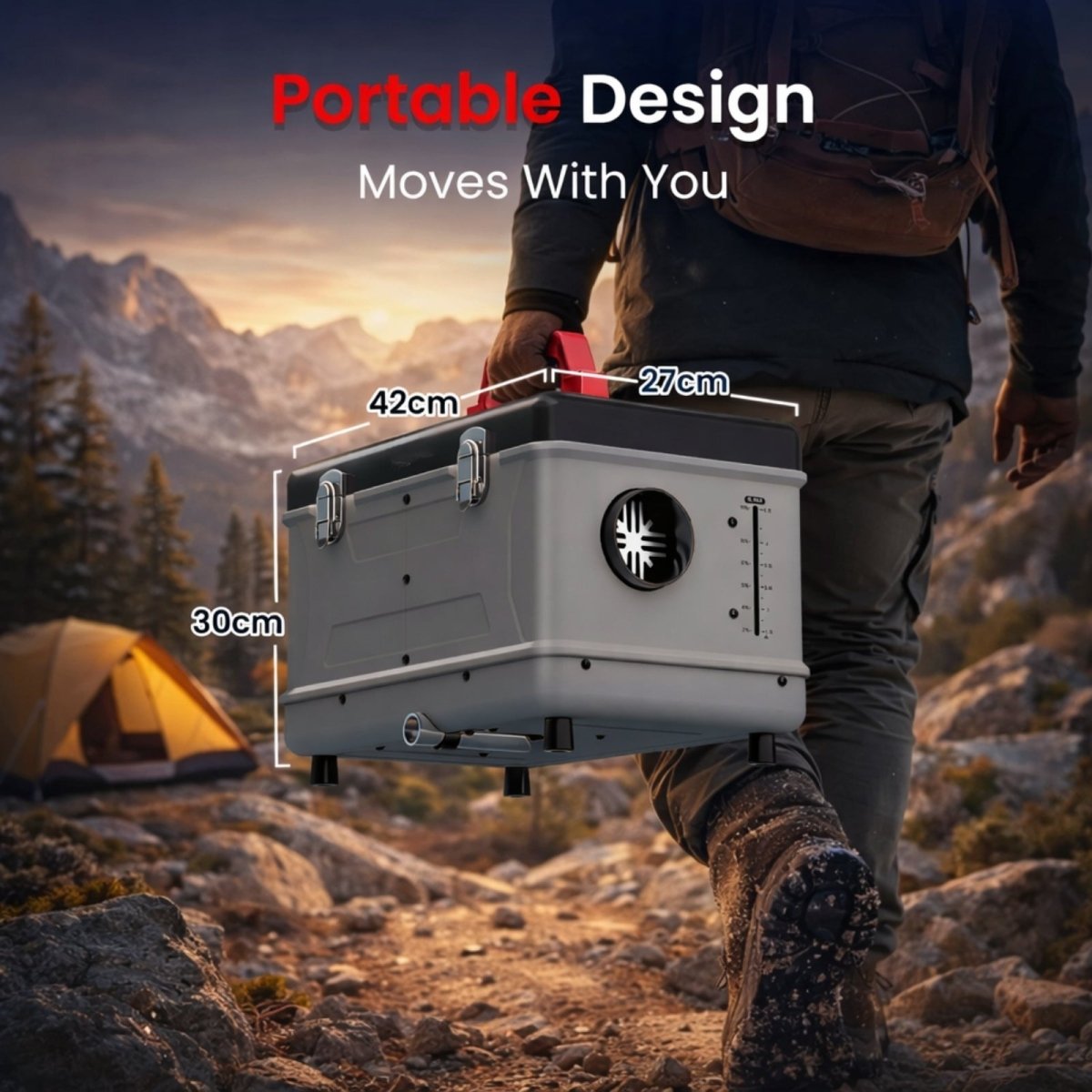 A person carrying the Kouvr portable heater while hiking, with dimensions of 42cm length, 30cm height, and 27cm width displayed.