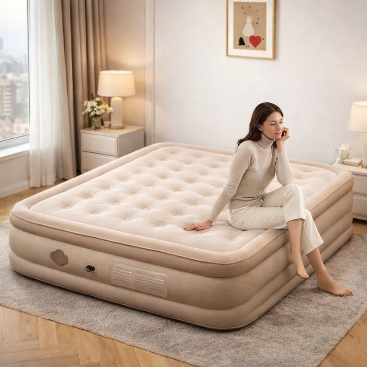 Sophisticated woman relaxing in a chic bedroom on the Kouvr premium inflatable guest bed featuring a tufted beige design.