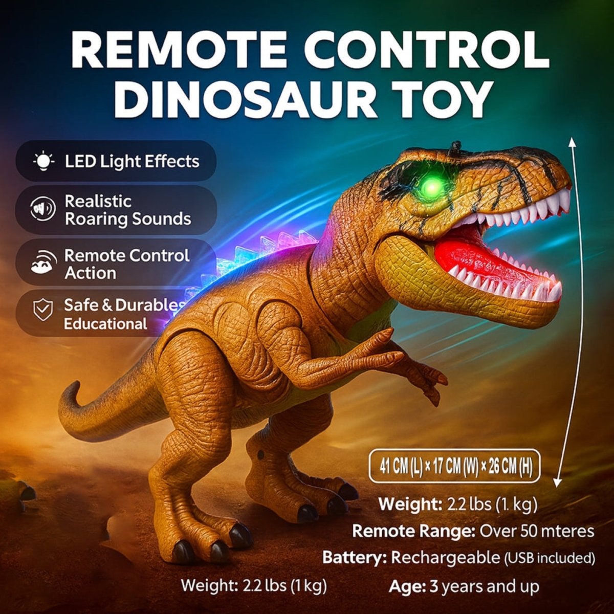 An infographic for the Kouvr remote control dinosaur toy detailing its features like LED lights, roaring sounds, dimensions (41cm L x 26cm H), and age range.