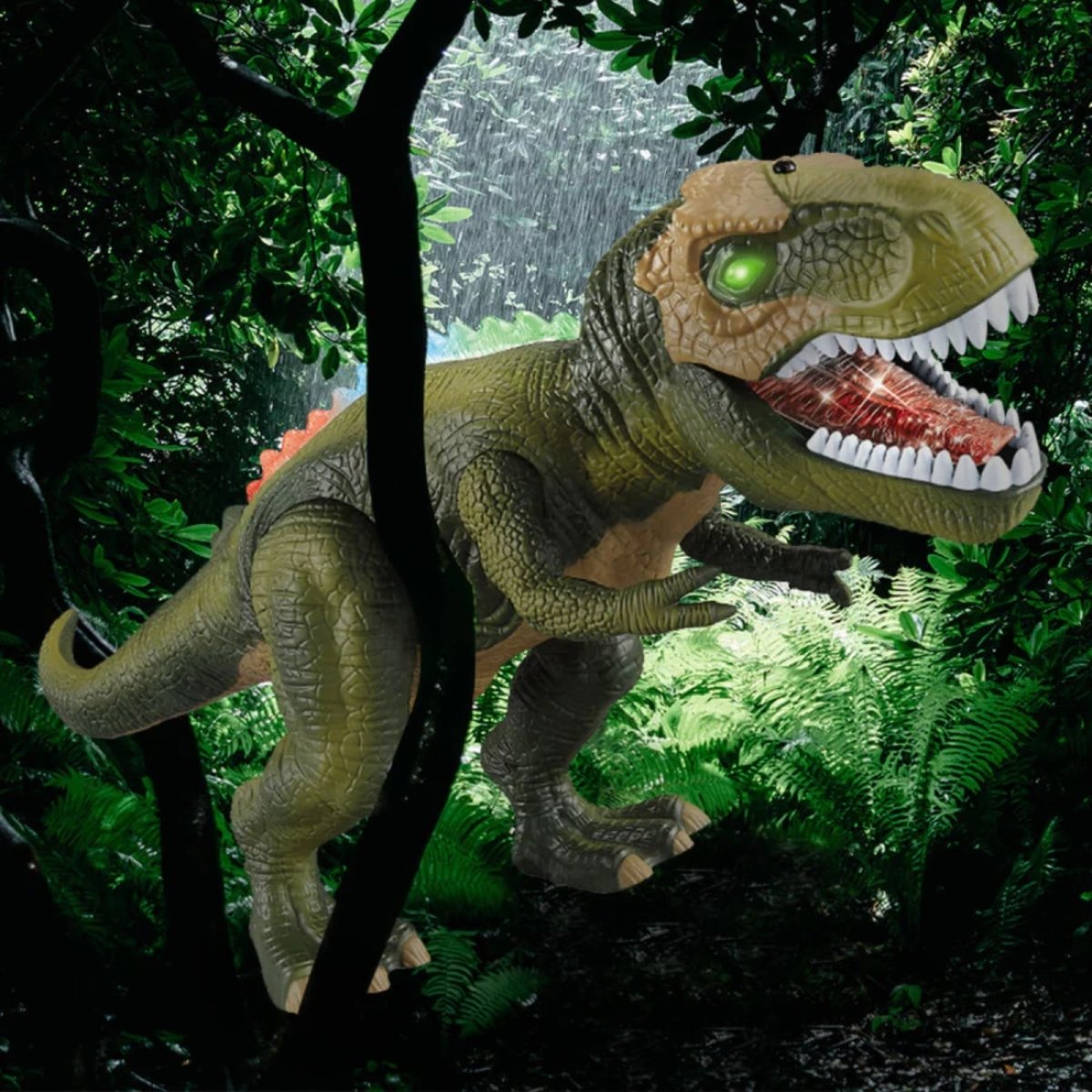 The green Kouvr remote control T-Rex posed in a lush jungle setting to showcase its realistic design and spark imaginative play.