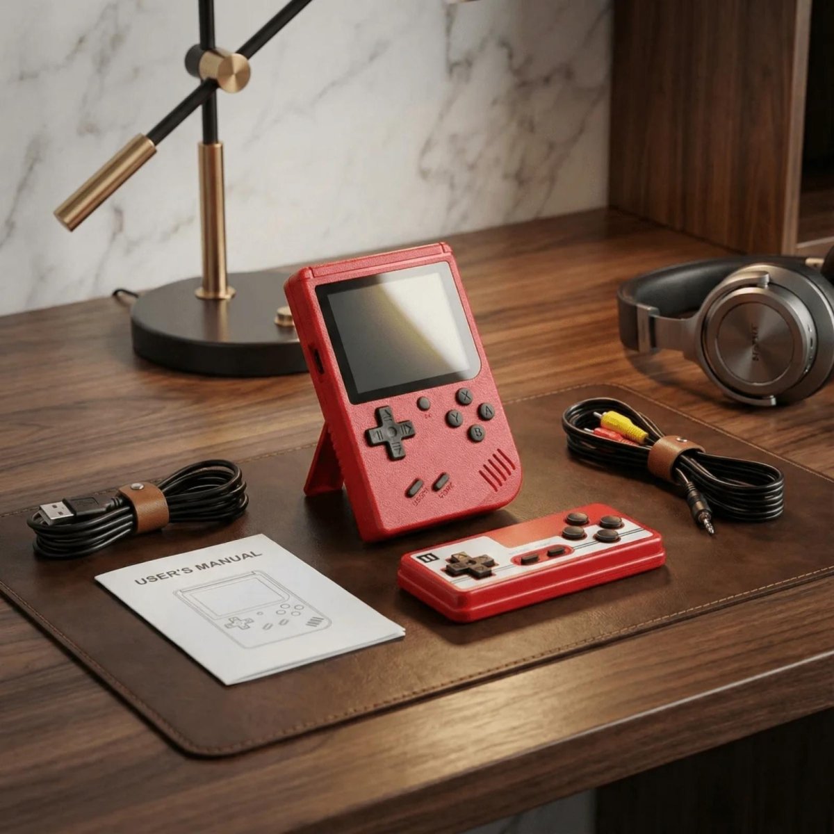 Unboxing view of the red Kouvr retro console with its accessories including a second controller, user manual, USB cable, and AV cable.