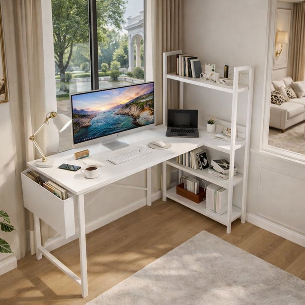 The all-white model of the Kouvr L-shaped corner desk with integrated bookshelf, shown in a bright and airy minimalist office space by a window.
