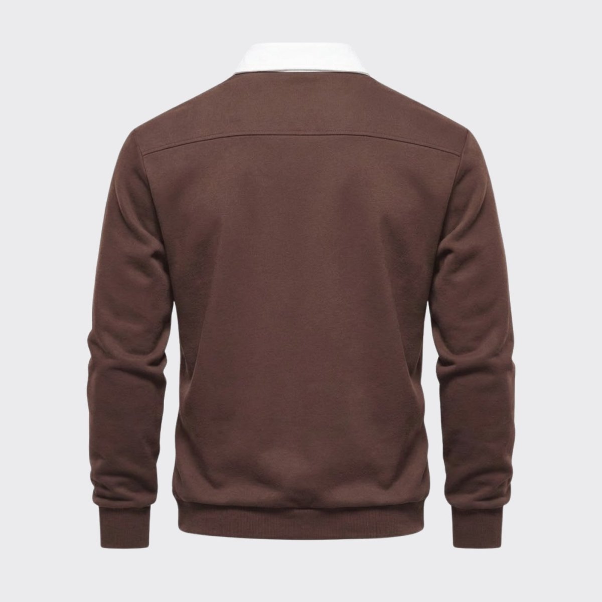 Product-only shot of the back of the Kouvr dark brown polo sweater, highlighting the clean construction and shoulder yoke detail.