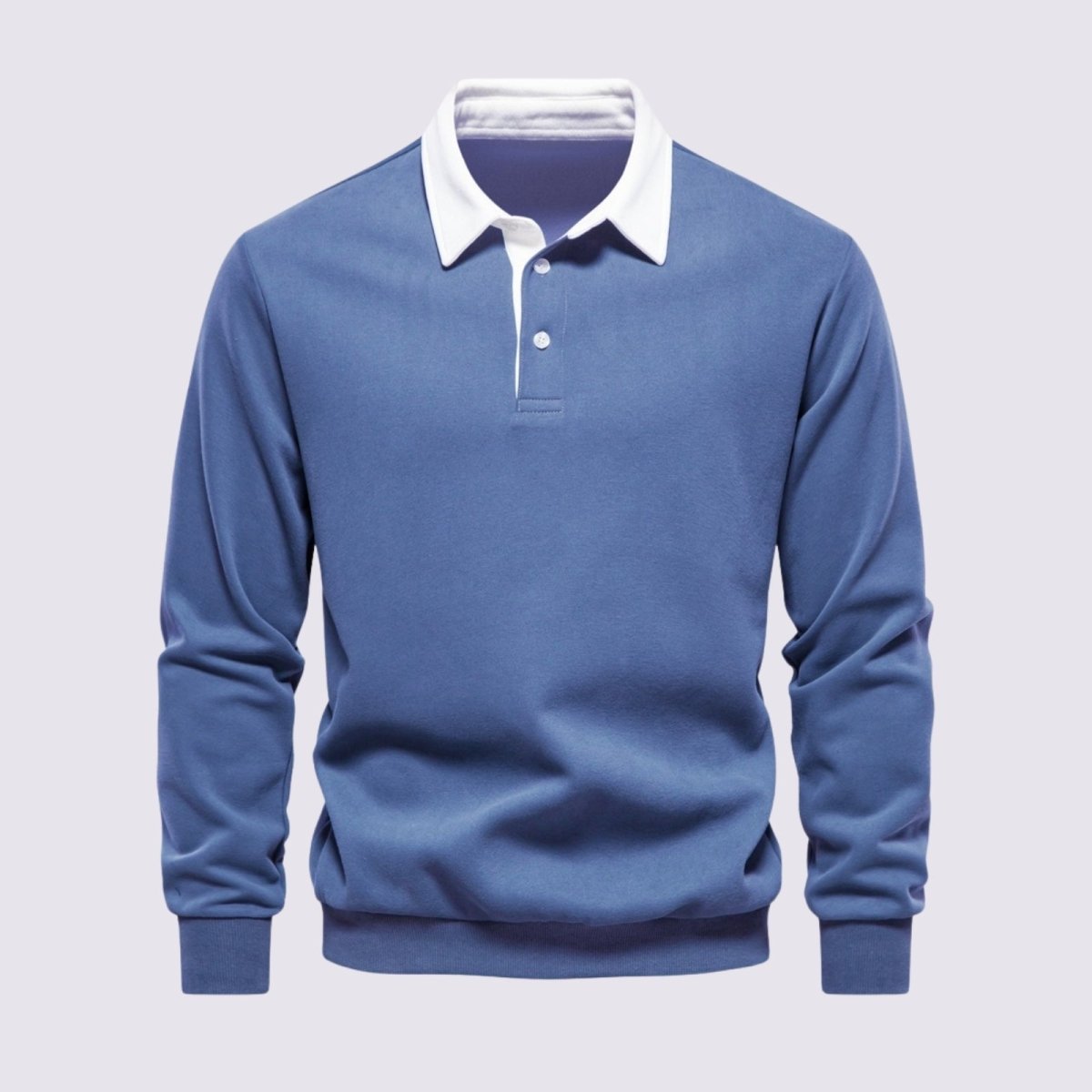 Flat lay front view of the Kouvr Rhodes  long sleeve polo sweater in steel blue, highlighting the white contrast collar and two-button placket.
