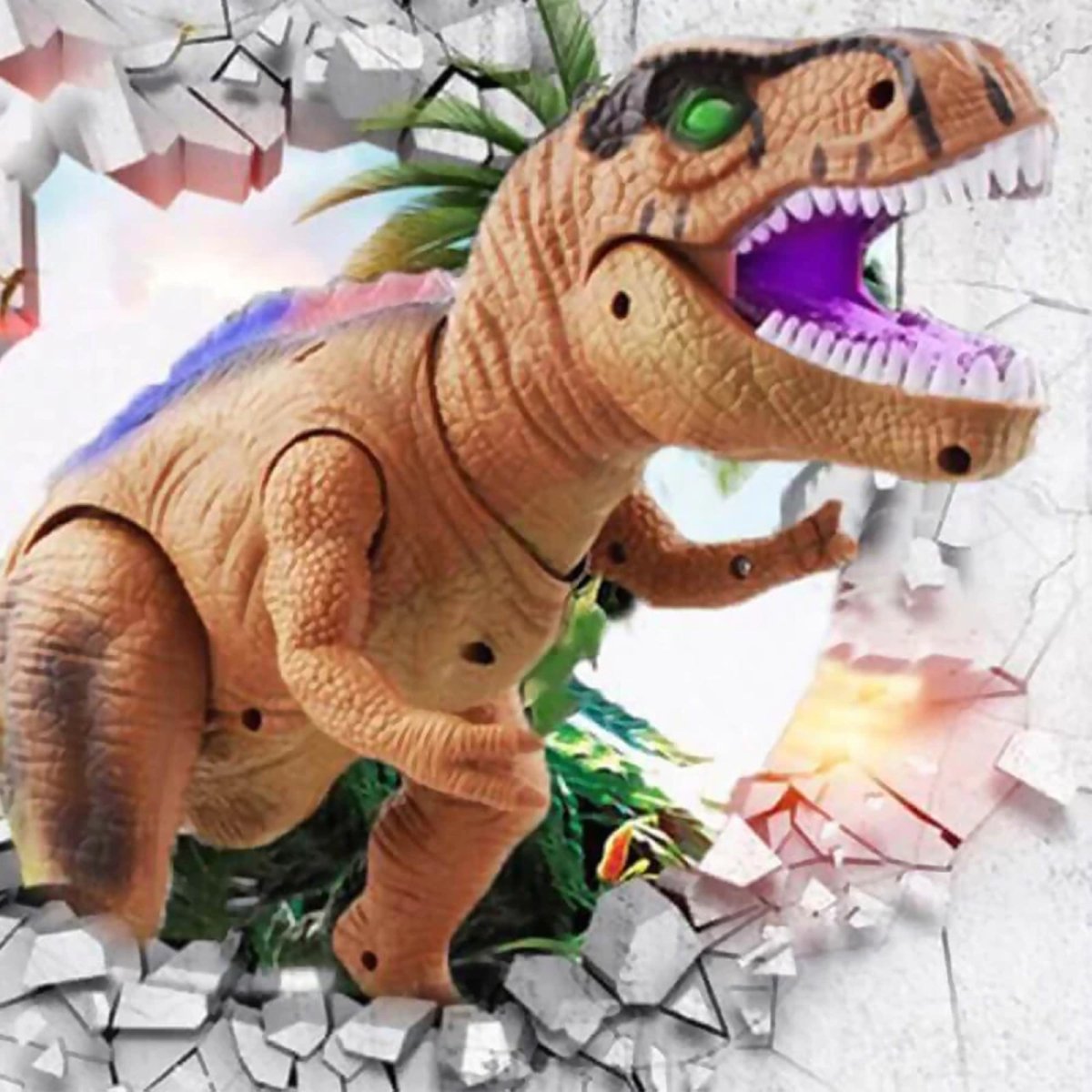 An action shot of the brown Kouvr T-Rex dinosaur toy with its mouth open in a roar, appearing to break through a wall, highlighting its powerful features.