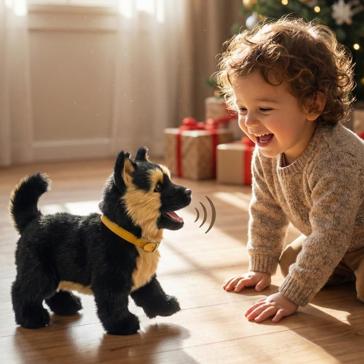 A happy toddler laughs while playing on the floor with the Kouvr interactive robot German Shepherd puppy toy which is barking.