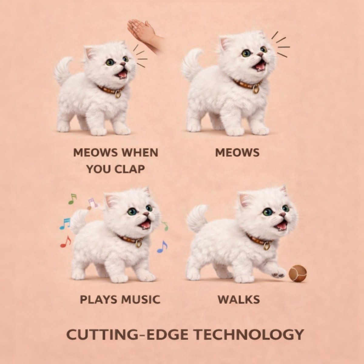 An infographic illustrating the features of the interactive robot kitten, including its ability to meow when you clap, meow, plays music, and walk.