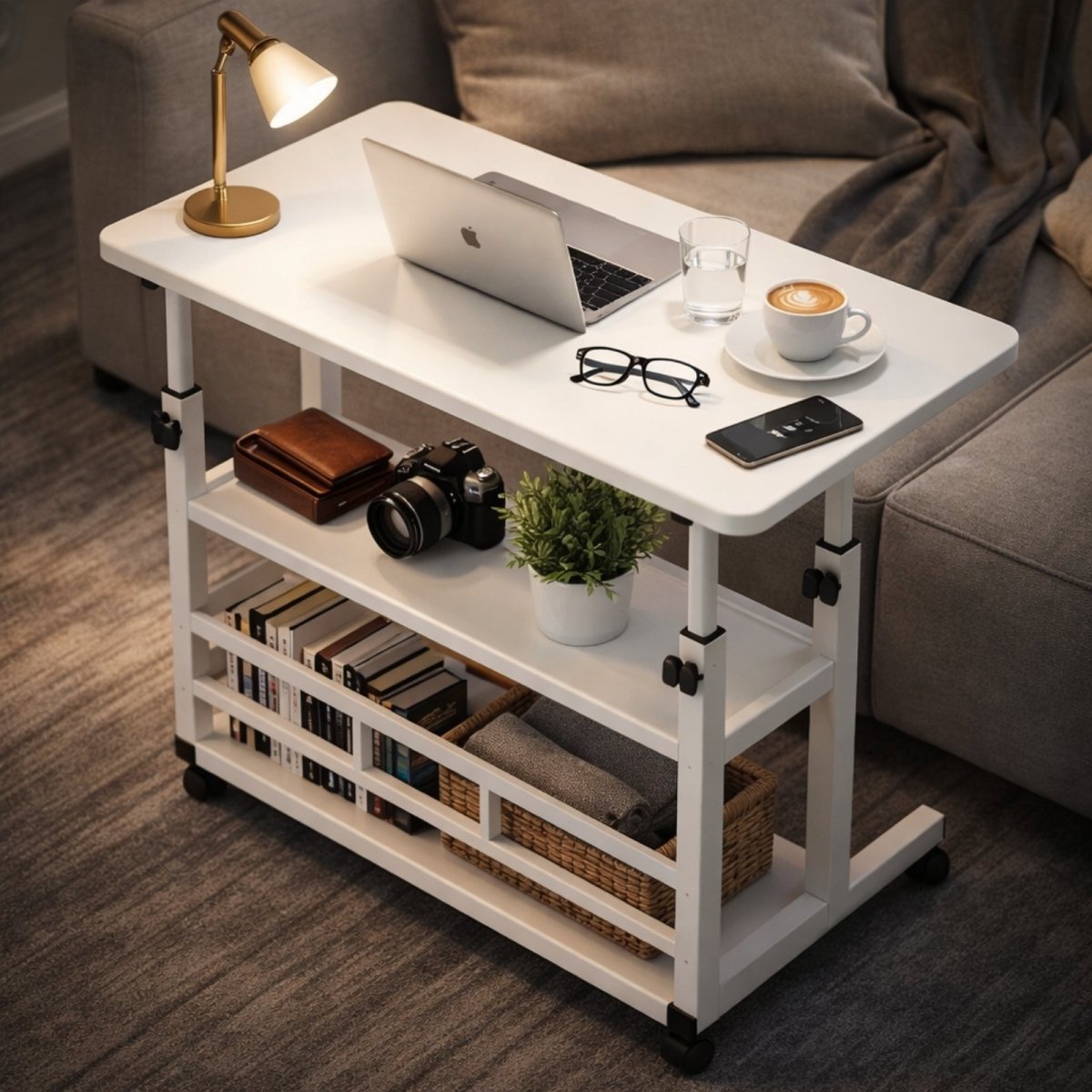 A white rolling side table used next to a couch, holding a laptop, coffee, and plant, with books and a woven basket on the storage shelves below.