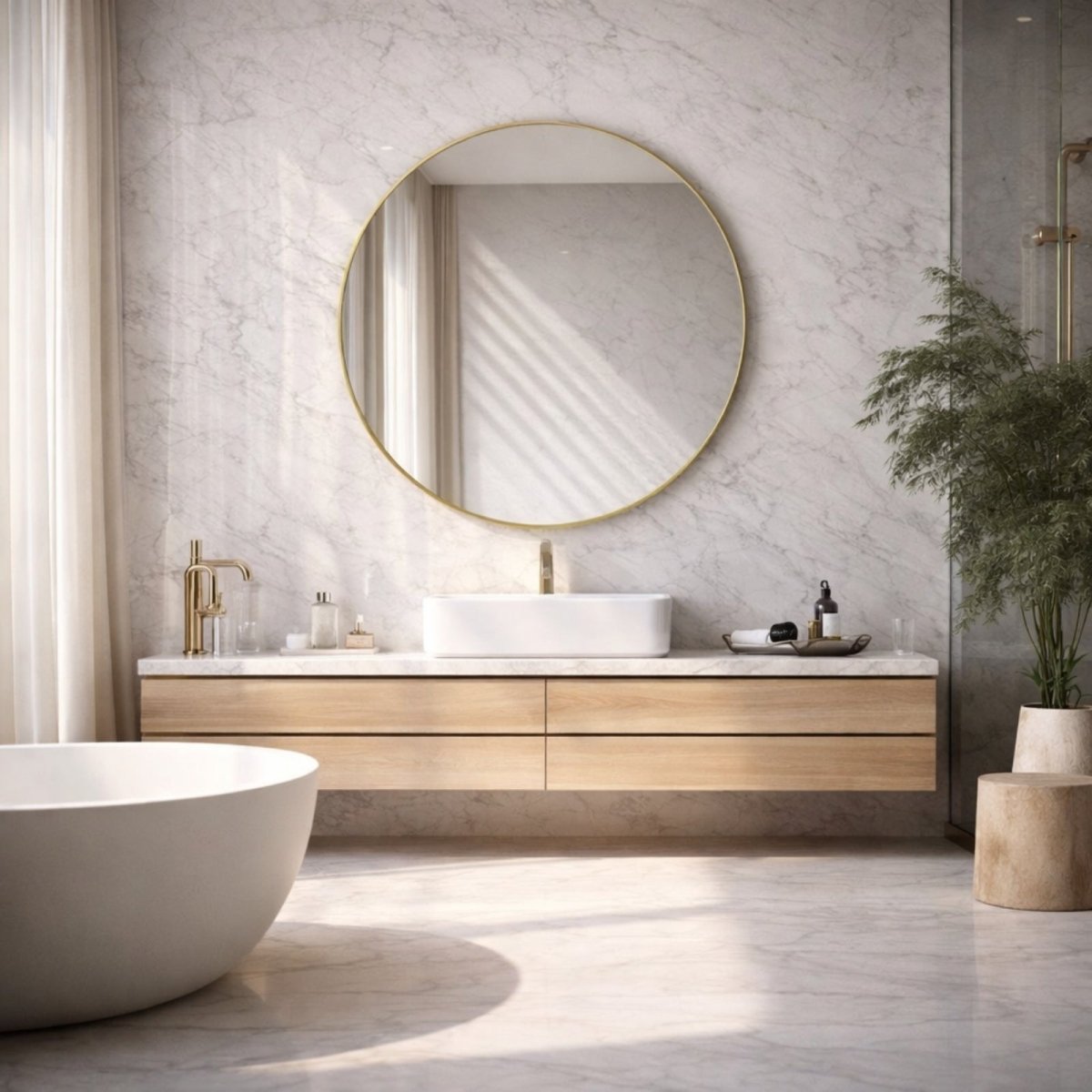 A 24-inch Kouvr round mirror with a gold frame hanging above a light wood and marble bathroom vanity with a vessel sink.
