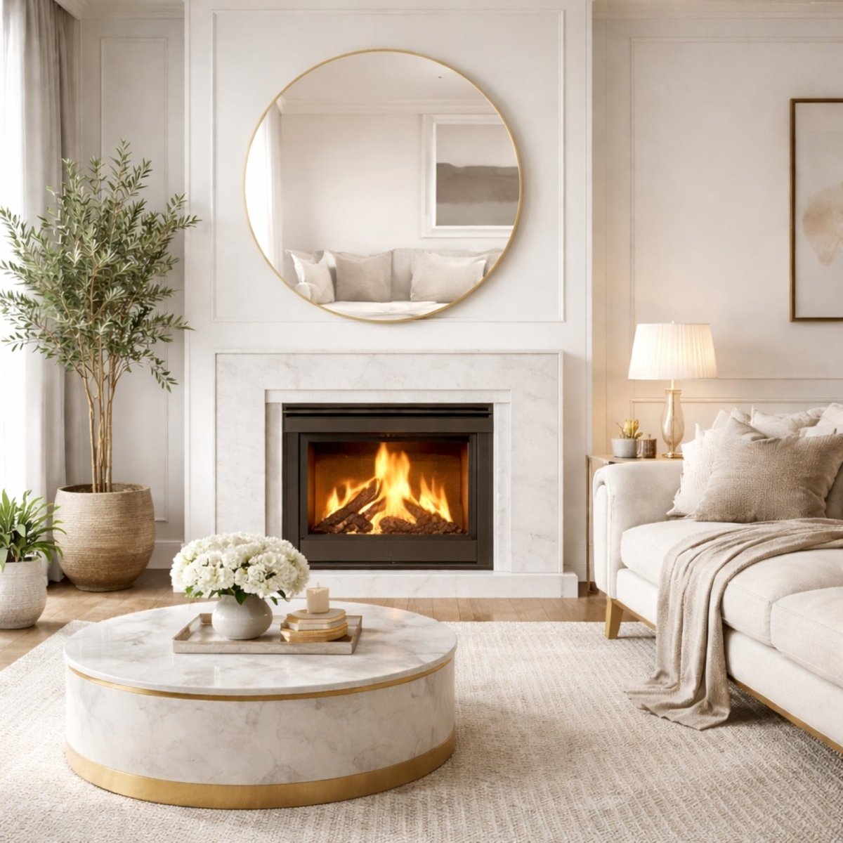 Feature callouts for the Kouvr round wall mirror, highlighting the pre-assembled hooks, brushed aluminum alloy frame, and protective packaging. 