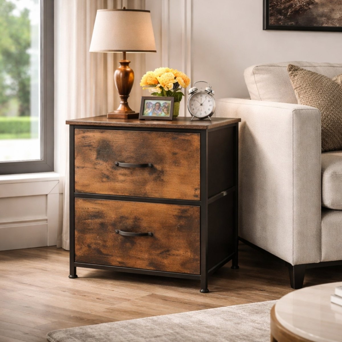 A rustic brown and black metal Kouvr end table with two drawers placed next to a light-colored sofa, decorated with a lamp and clock.

