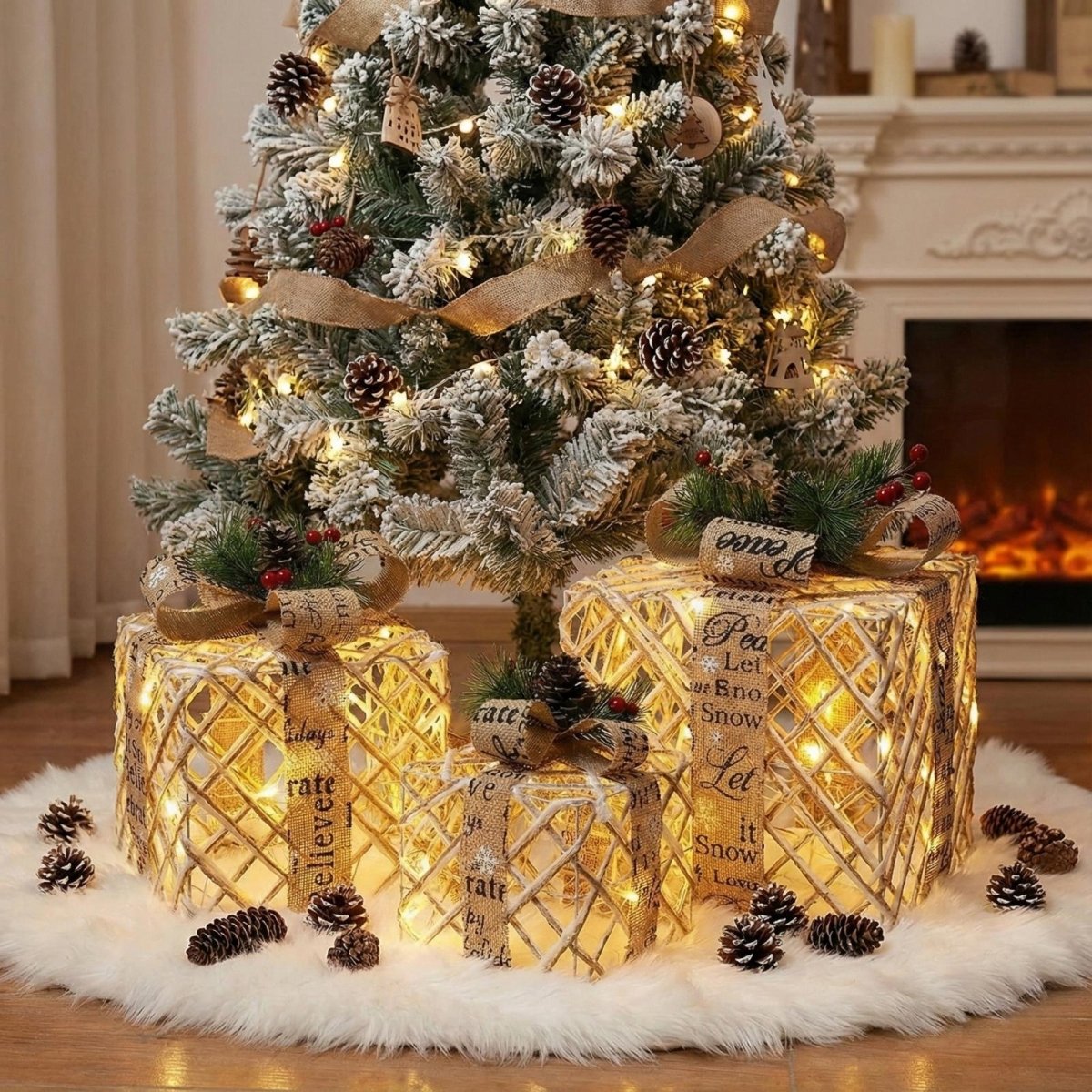 Three woven and lighted gift boxes with burlap bows displayed on a white faux fur skirt under a snow-flocked Christmas tree with a fireplace in the background.