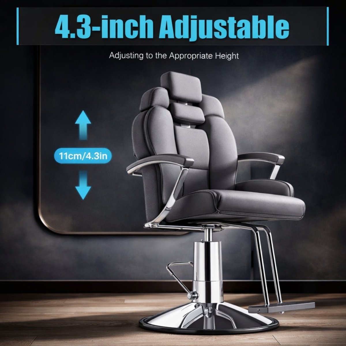A modern black salon chair demonstrating its 4.3-inch adjustable height range powered by the Kouvr hydraulic pump.
