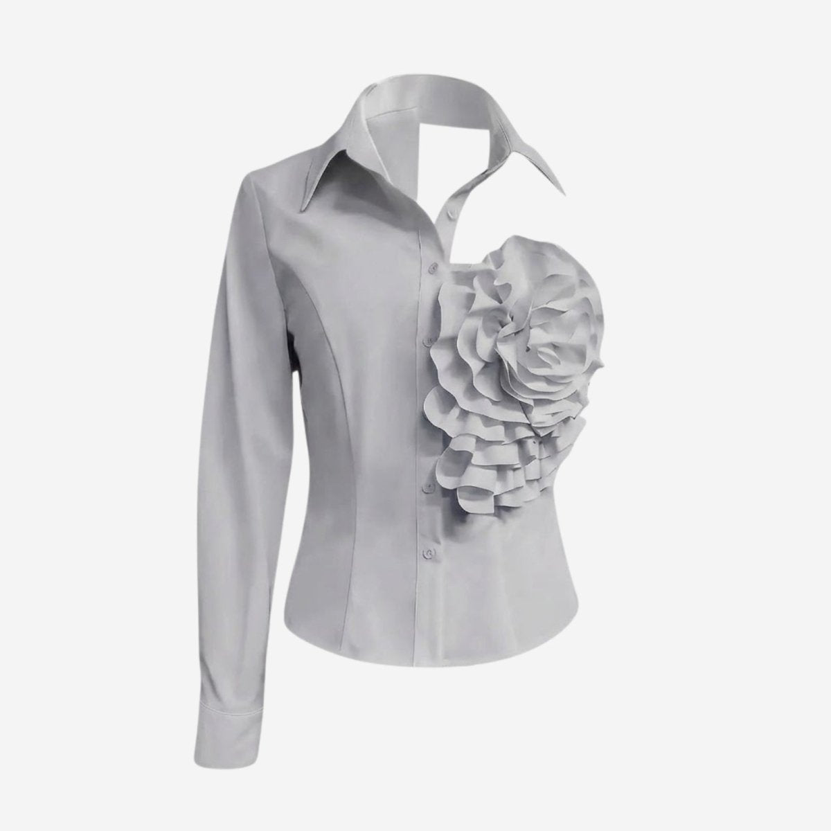 Product-only image of the Kouvr light grey one-shoulder shirt, showing the detailed 3D floral appliqué on the chest.
