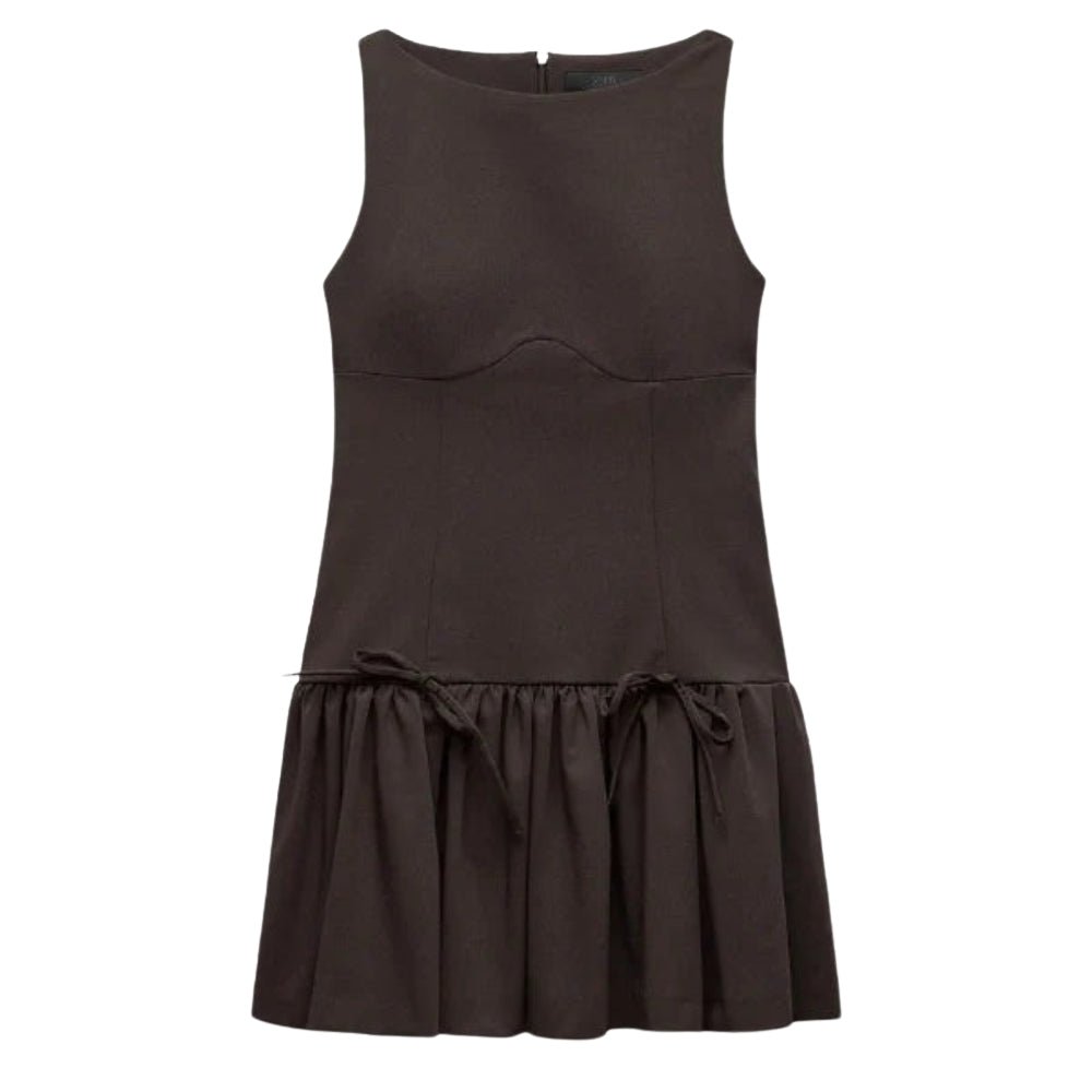 Brown Kouvr  dress with a fitted bodice and flared skirt on a white background