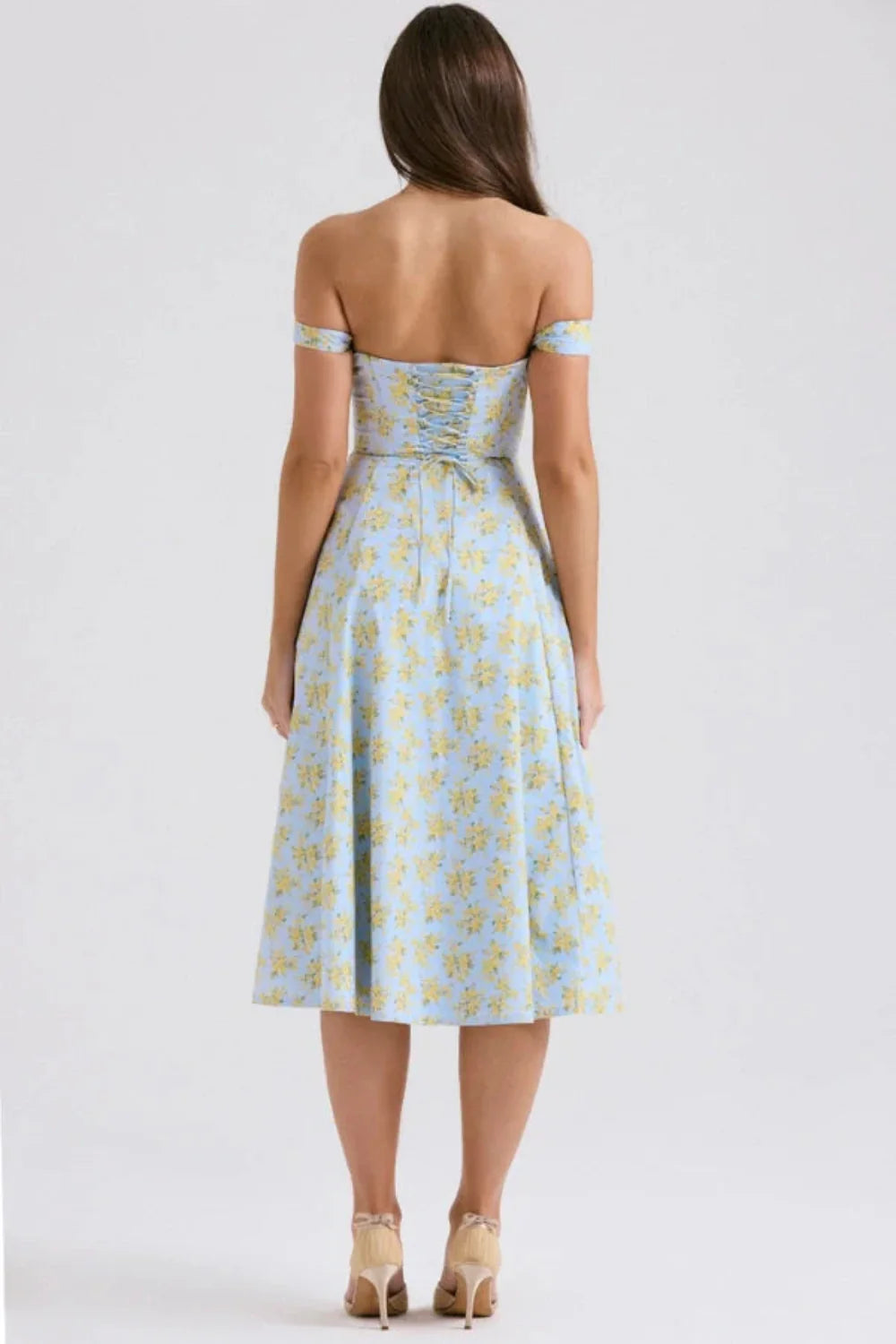 Bustier Dress, A-Line Floral Dress, Cottagecore Dress, Romantic Garden Party Attire, Structured Bodice Dress, Dress with Front Slit, Lace-up back dress.