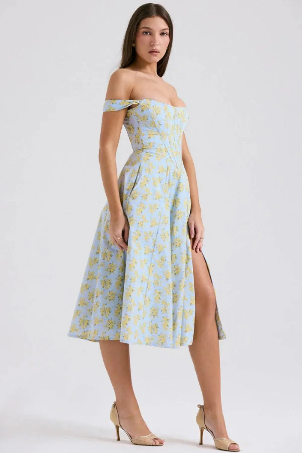 Bustier Dress, A-Line Floral Dress, Cottagecore Dress, Romantic Garden Party Attire, Structured Bodice Dress, Dress with Front Slit, Lace-up back dress.