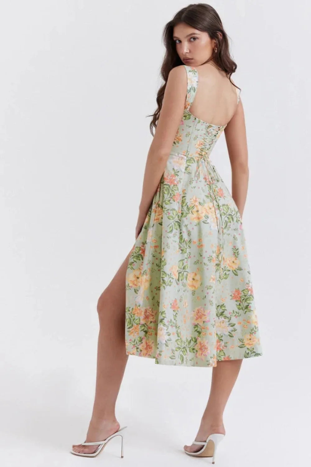 structured bodice," "A-line skirt," "square neckline," "lace-up back," "romantic silhouette," "occasion wear," "special event dress," and "feminine fit