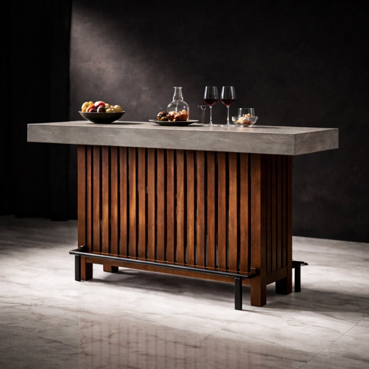 The Kouvr modern home bar shown in a studio setting, highlighting the slatted brown wood base and thick grey concrete countertop. 