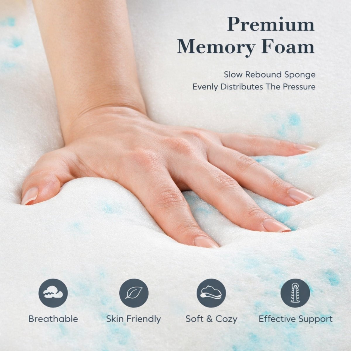Hand pressing into the Kouvr premium memory foam topper demonstrating soft, slow-rebound sponge texture and skin-friendly material.