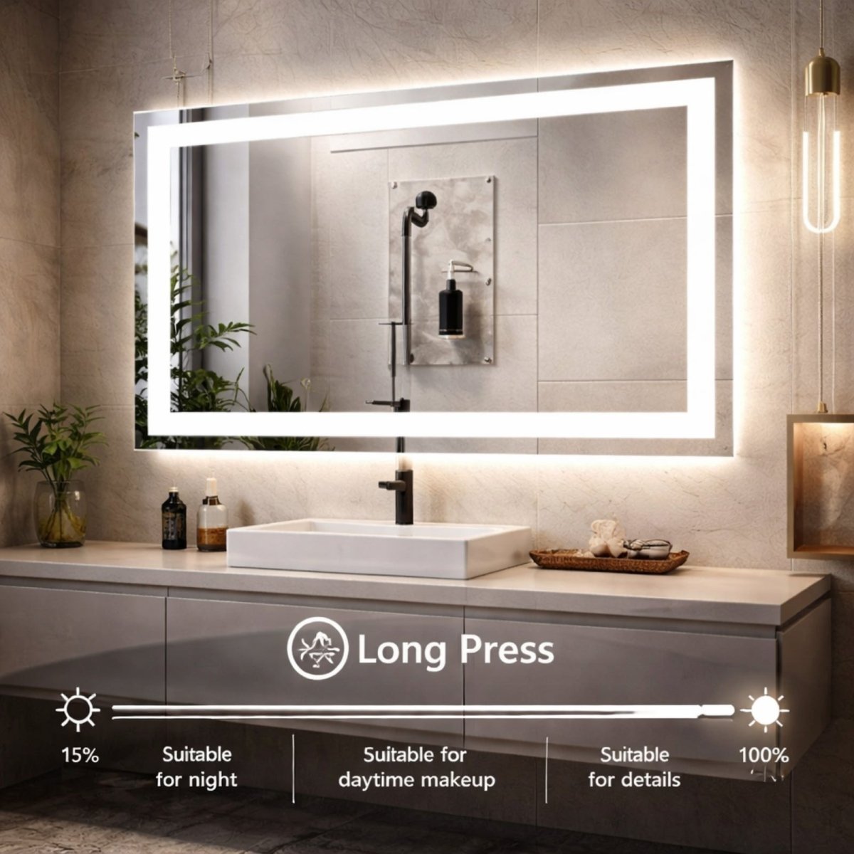 Close-up infographic demonstrating the long-press dimming feature of the Kouvr smart mirror, showing brightness levels from 15% for night to 100% for details.
