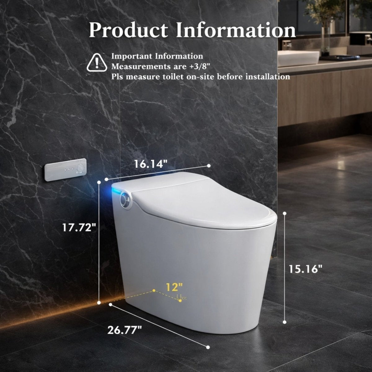 Product dimensions of the Kouvr smart toilet, showing height, width, length, and 12-inch rough-in measurement.