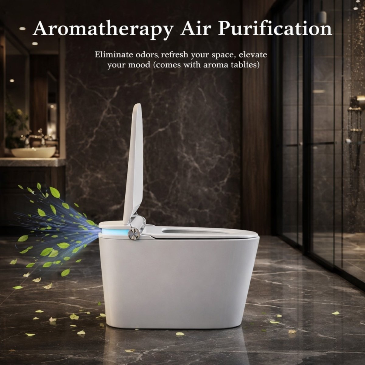 Side view of the Kouvr smart toilet with the lid open, demonstrating the aromatherapy and air purification feature with a graphic of fresh air.