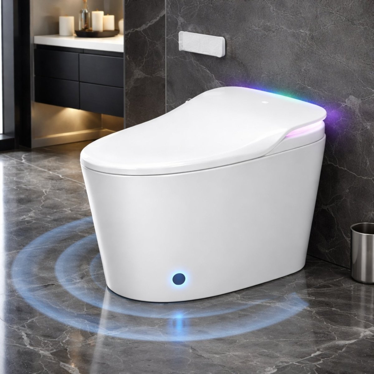 The Kouvr smart toilet with ambient blue and purple lighting in a modern, dark marble bathroom.