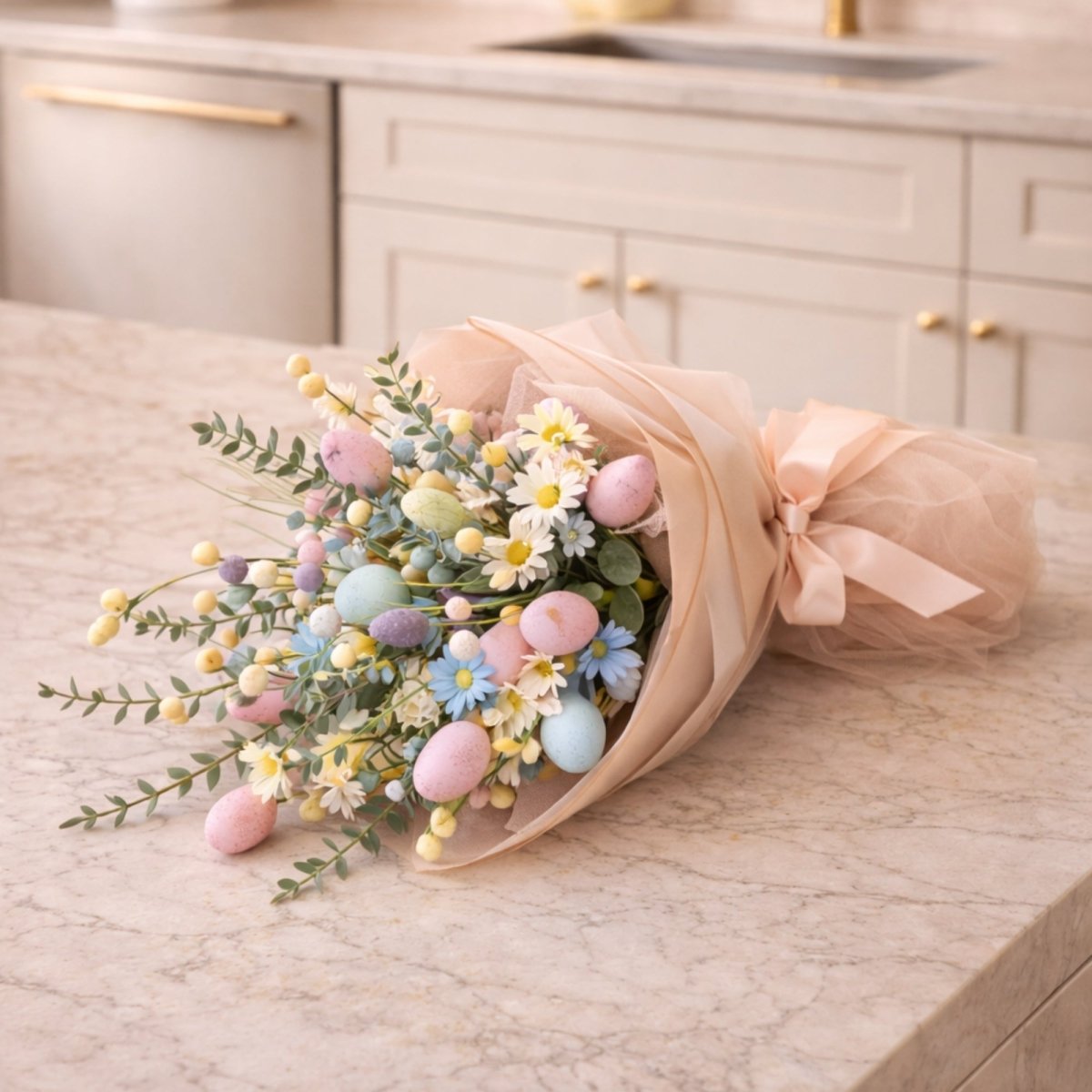 An Easter egg and faux daisy bouquet with peach wrapping lying on a marble kitchen island.
