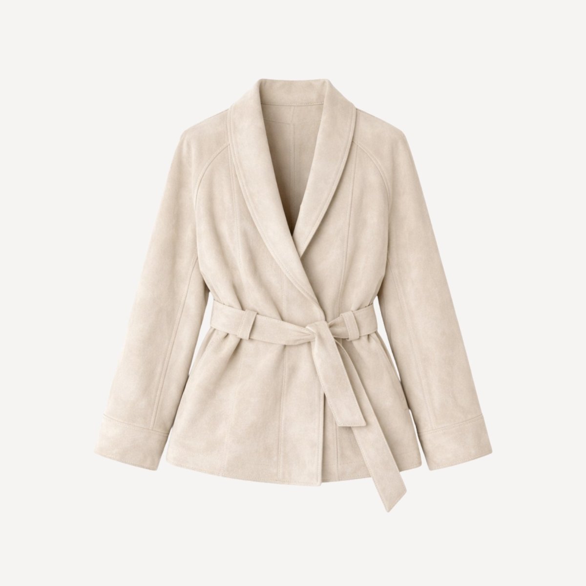 Flatlay of the Kouvr Suede Belted Wrap Jacket in beige, front view showing the soft texture and full design. 