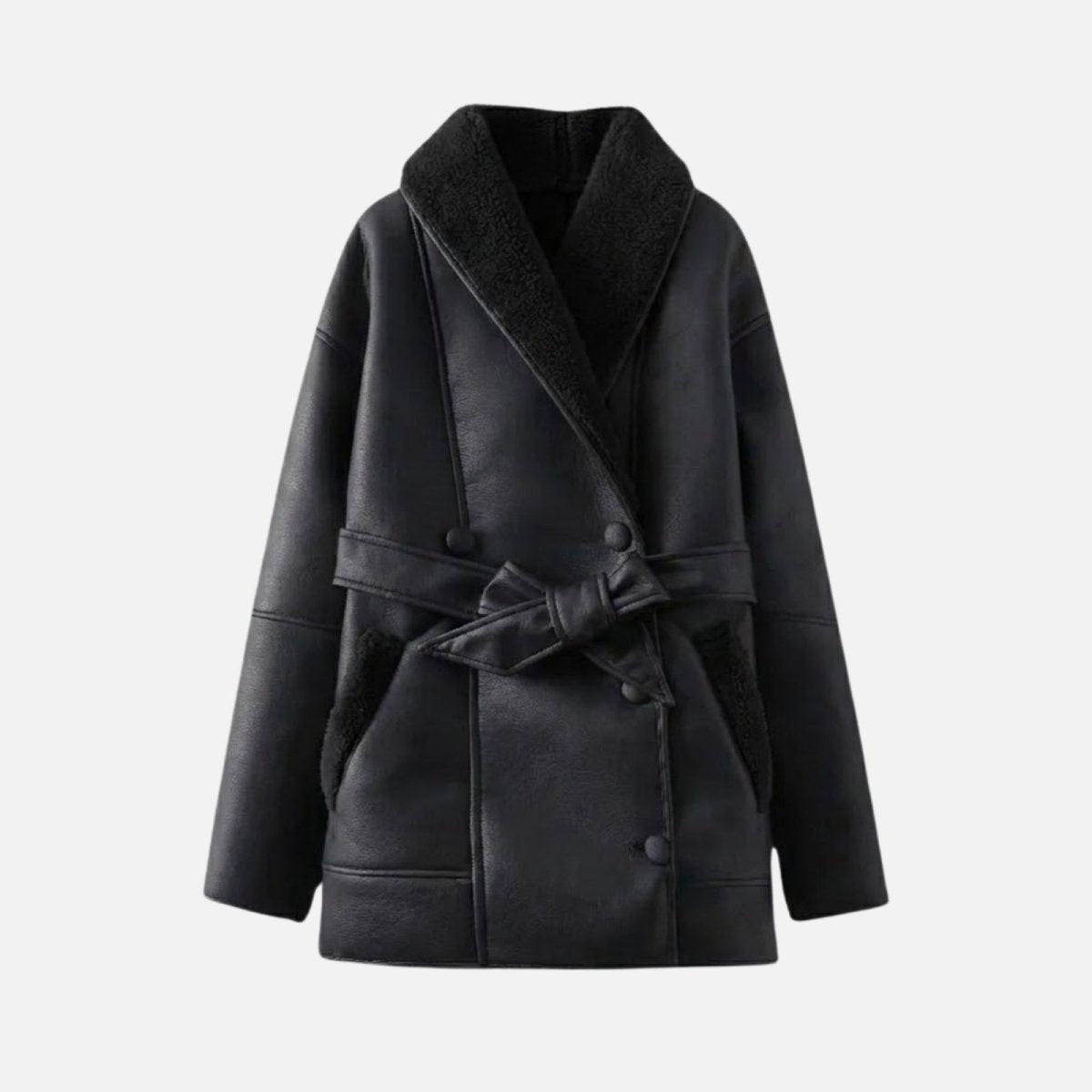 Product flatlay image of the front of the Suzanne  black faux shearling aviator jacket, showing the open lapels, buttons, and tied belt.