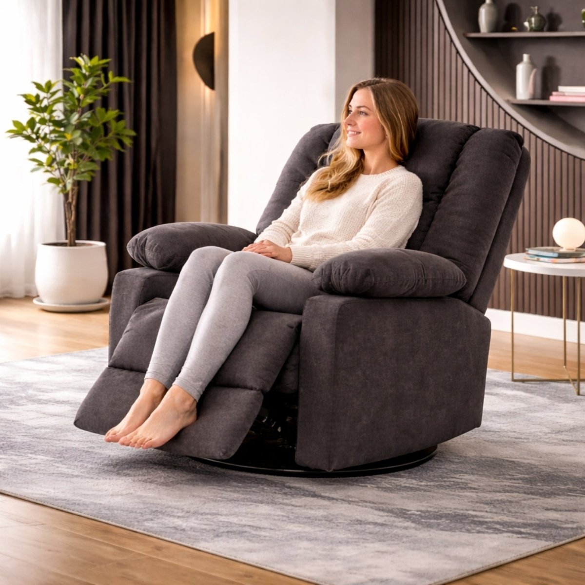 Woman relaxing in the Kouvr swivel rocker recliner, demonstrating the ergonomic leg rest and comfortable seating position.
