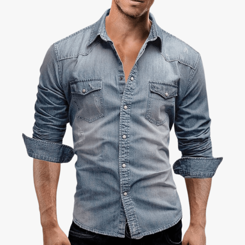 Model wearing the light blue wash version of the Kouvr Jackson men's western denim shirt.
