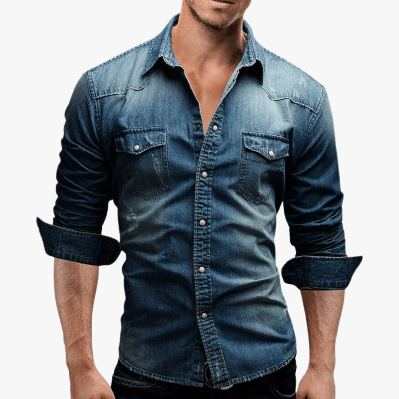 Model wearing the Kouvr Jackson slim fit vintage wash denim shirt, showcasing its tailored fit on the male form.