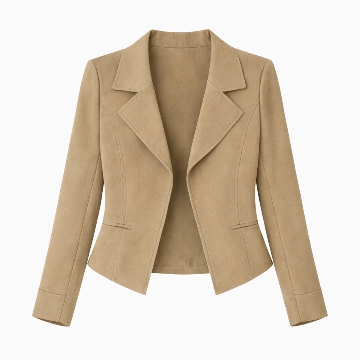 High-quality product shot of the Kouvr women's single-breasted khaki blazer with notched lapels against a white background.