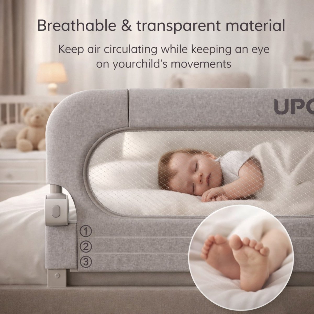 Close-up of the grey Kouvr toddler bed rail's breathable and transparent mesh window, showing a sleeping baby and adjustable height feature.