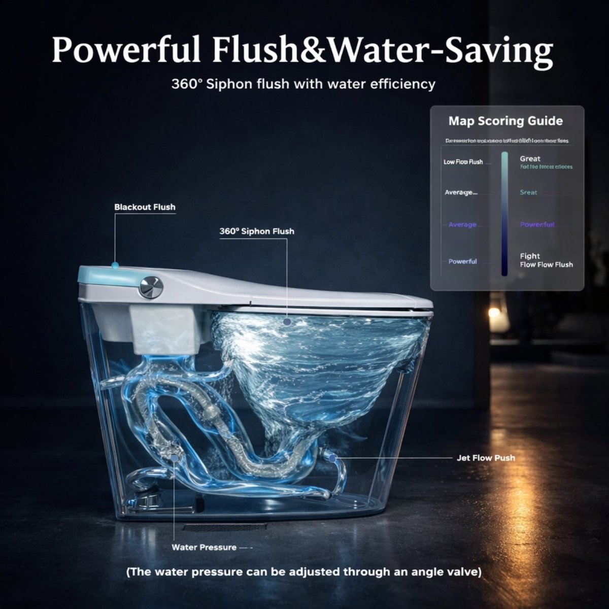 A cutaway diagram of the Kouvr toilet showcasing the 360-degree siphon jet and water-saving powerful flush technology.