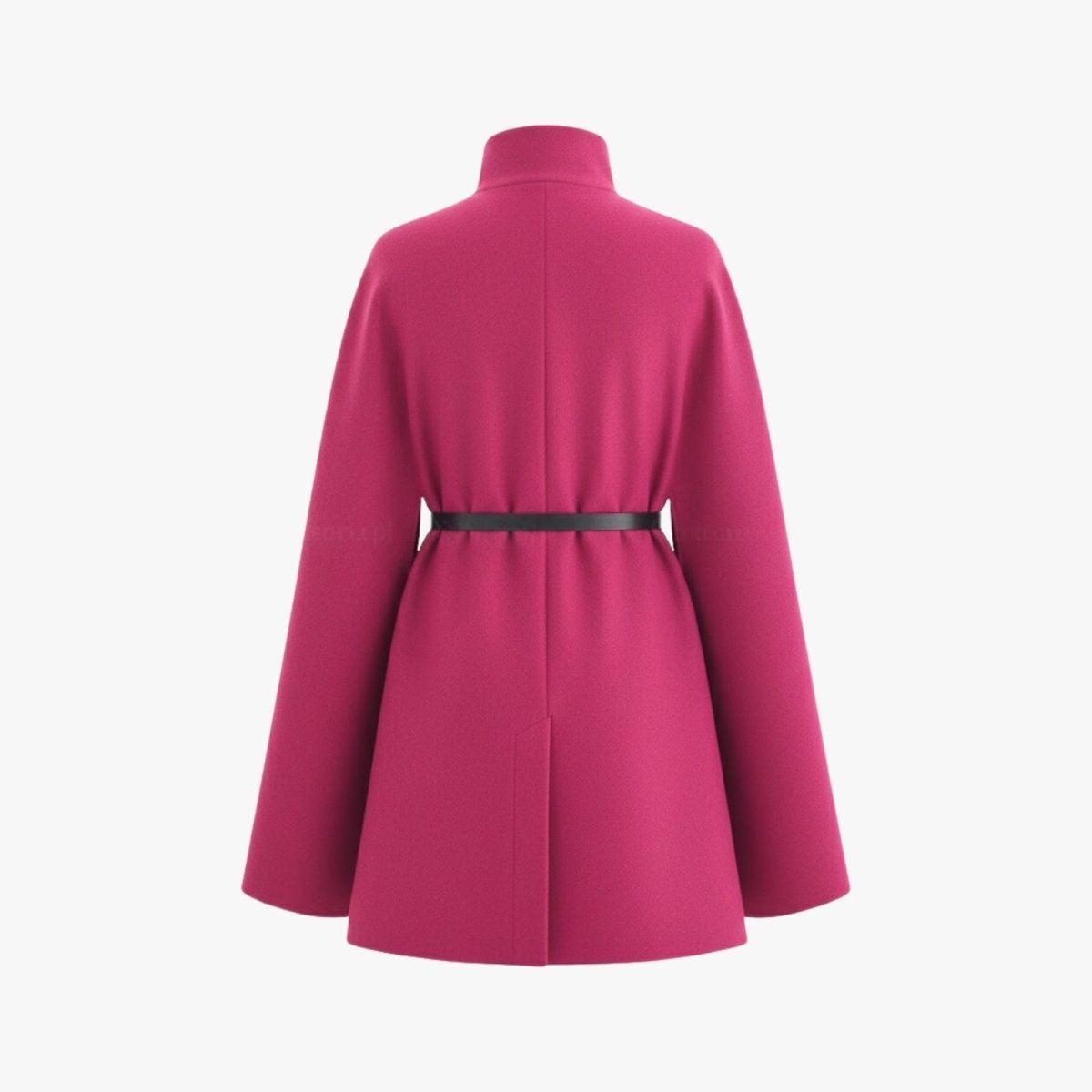 Back view studio product shot of the Kouvr Traci fuchsia pink cape coat against a white background.