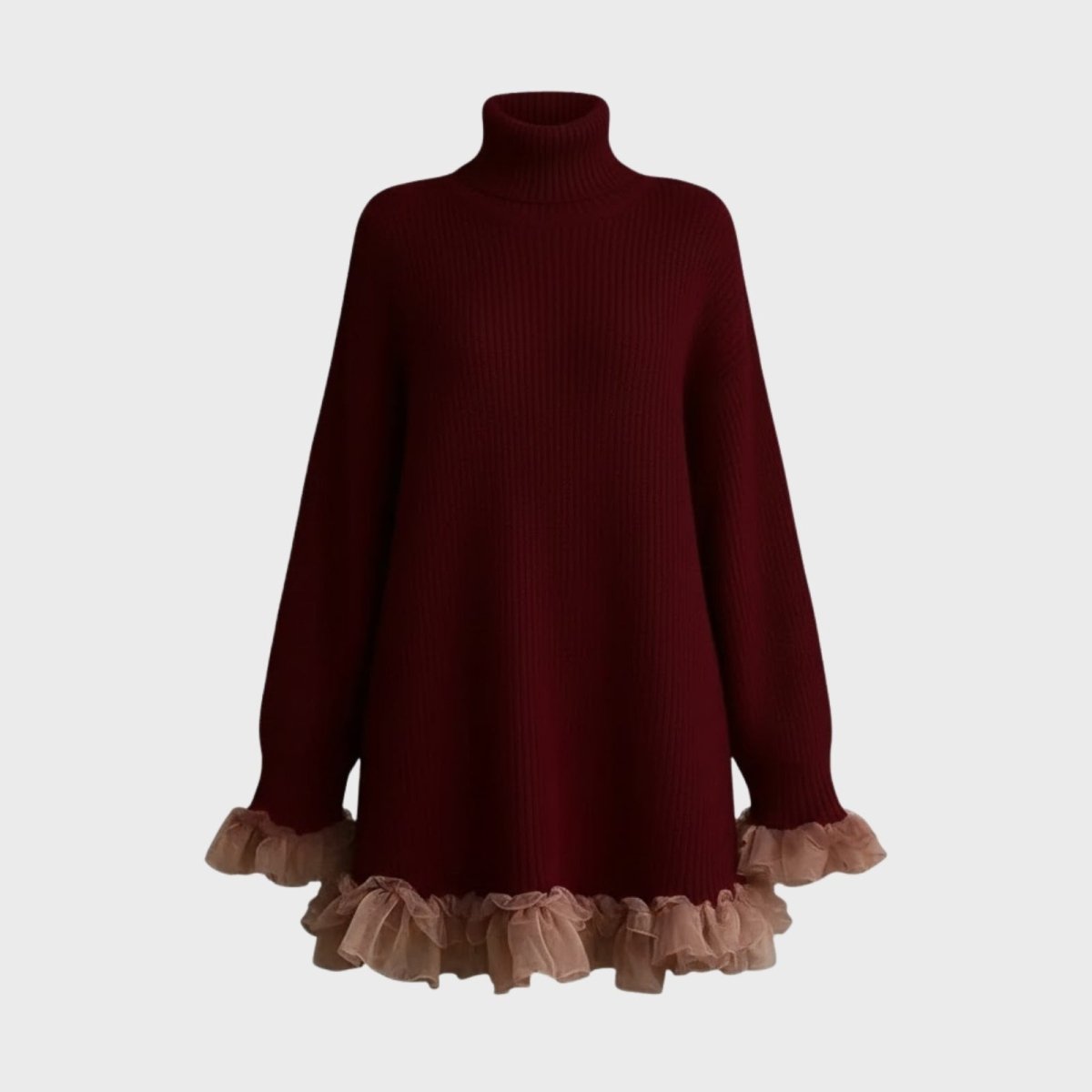 Flat lay product shot of a burgundy turtleneck sweater dress featuring blush pink tulle ruffles on the sleeve cuffs and bottom hem.
