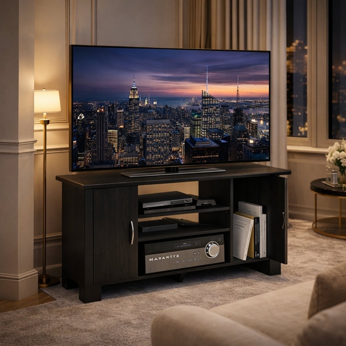 Kouvr TV stand in a warm-toned living room with one cabinet door open to show the interior storage space.