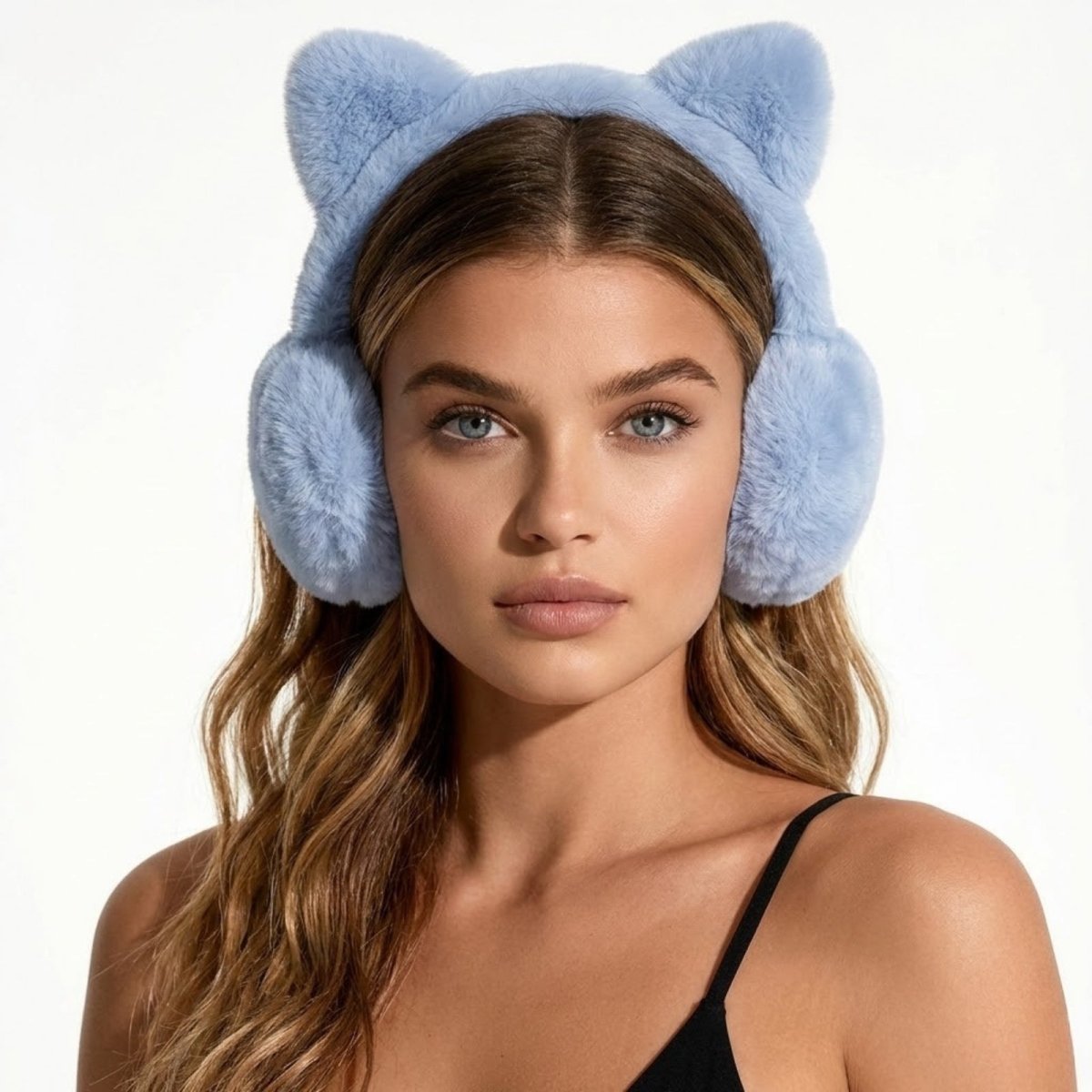 Side profile of a model wearing the Purple Kouvr Tyra Plush Cat Ear Earmuffs against a white background.
