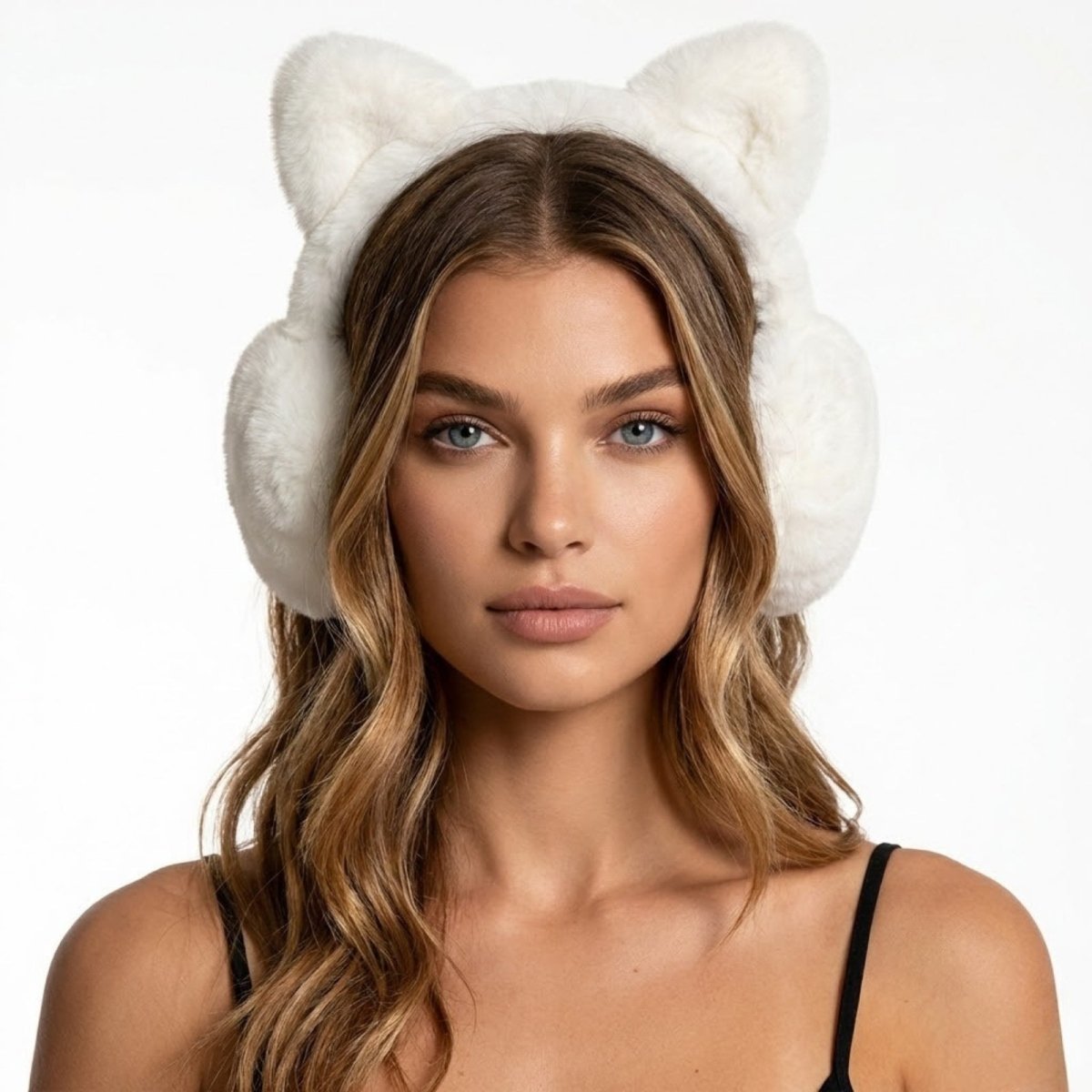 A pair of ivory white Kouvr Tyra Plush Cat Ear Earmuffs held in hand, showing the fluffy texture and cat ear detail.
