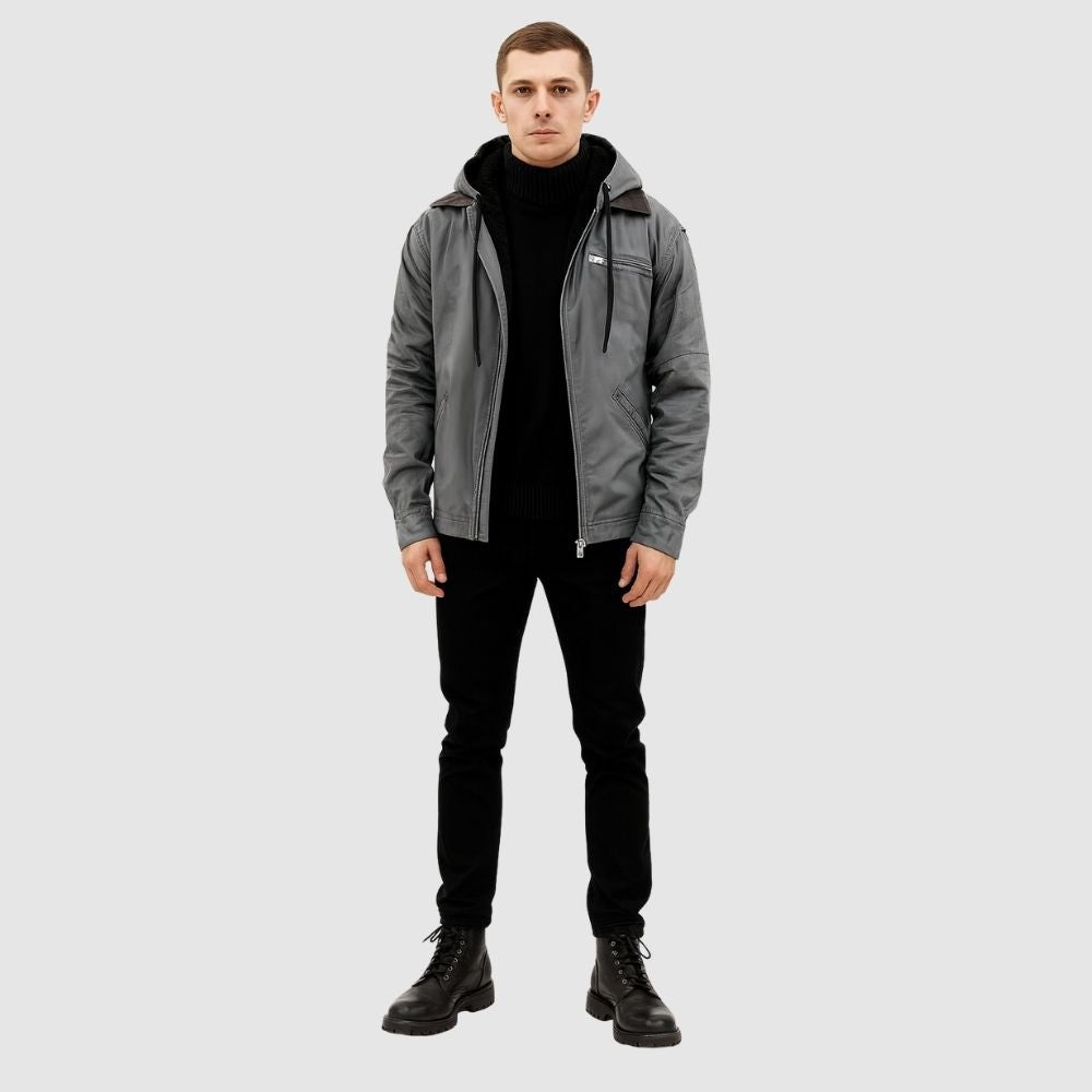 Front view of the Men's Kouvr Tyrian sherpa lined hooded work jacket in Coyote Brown.